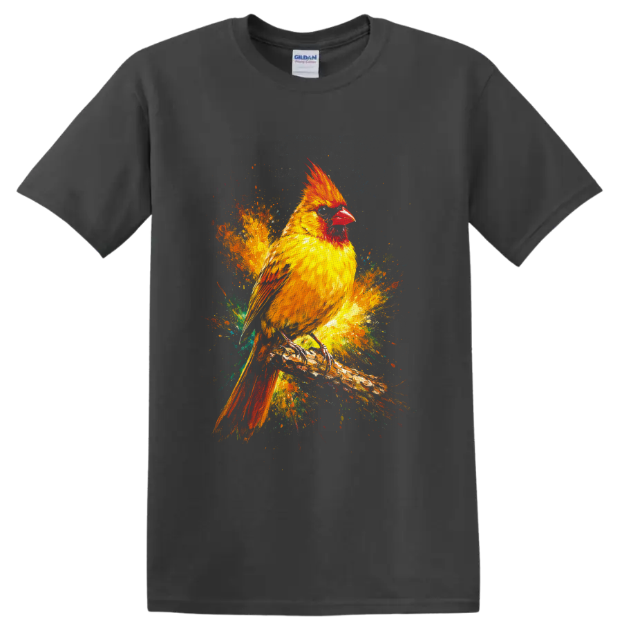 Cardinal bird on a branch in vivid multicolor paint splash wildlife art on a Charcoal T Shirt