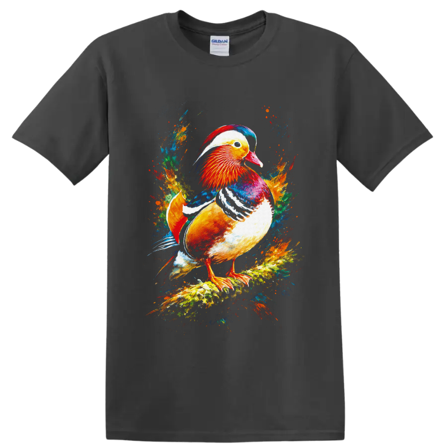 Mandarin duck in vivid painterly splash art on a branch on a Charcoal T Shirt