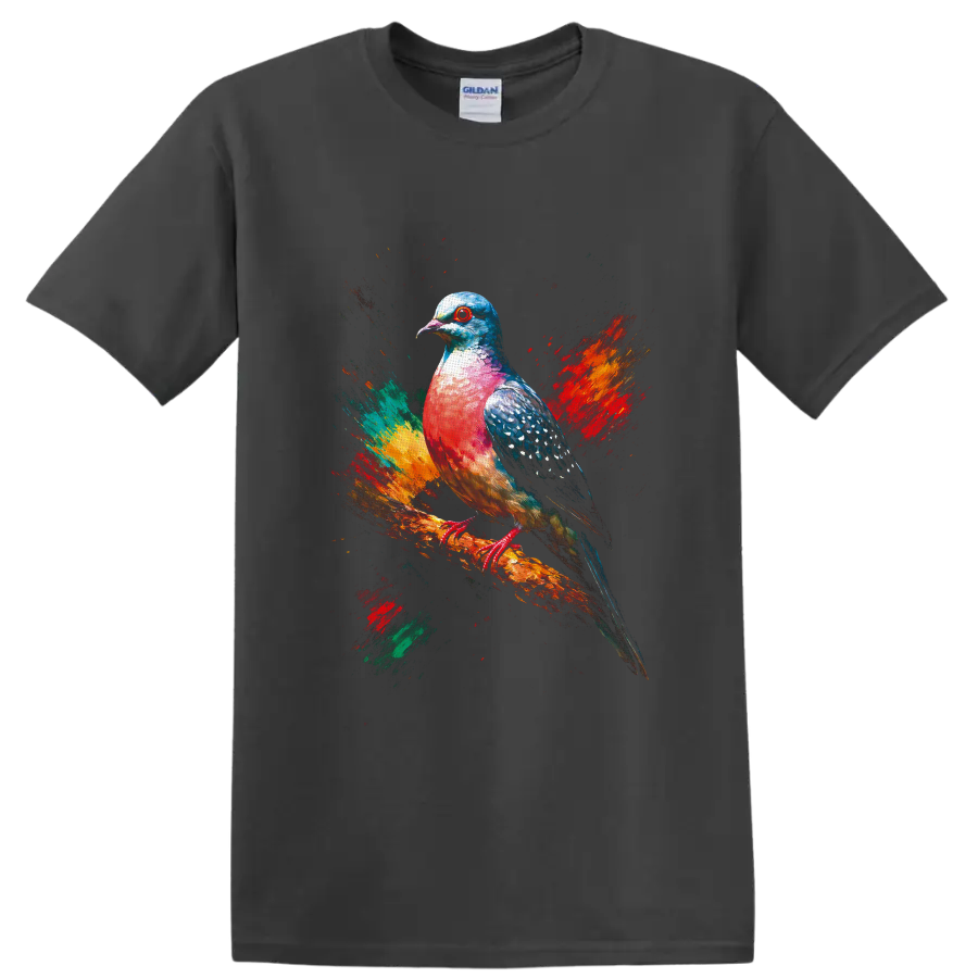 Colorful pigeon portrait on a branch with abstract paint splashes on a Charcoal T Shirt
