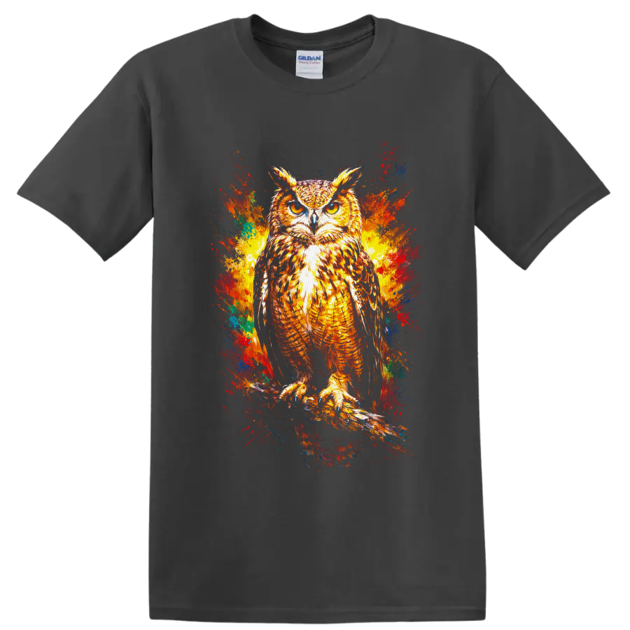 Golden-eyed owl illustration with colorful abstract paint splashes on a Charcoal T Shirt