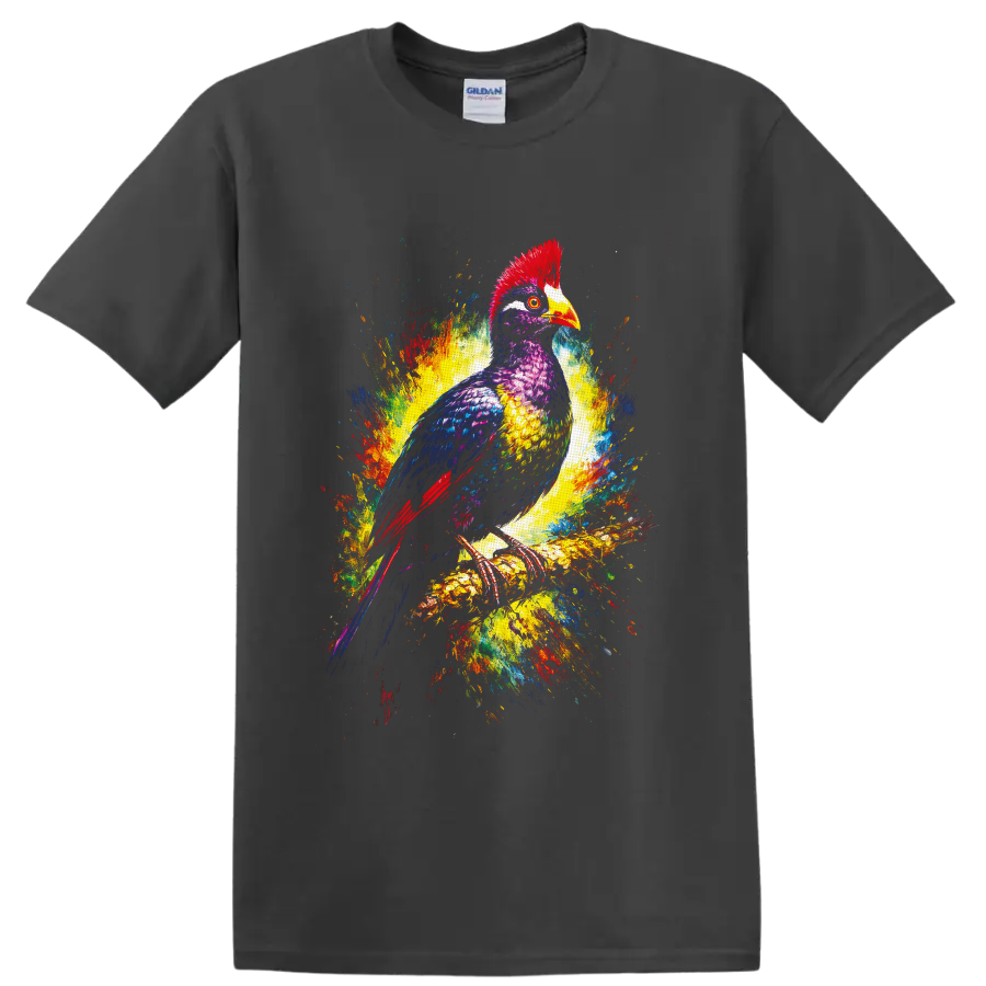 Colorful hornbill bird in vibrant painterly splashes perched on a branch on a Charcoal T Shirt