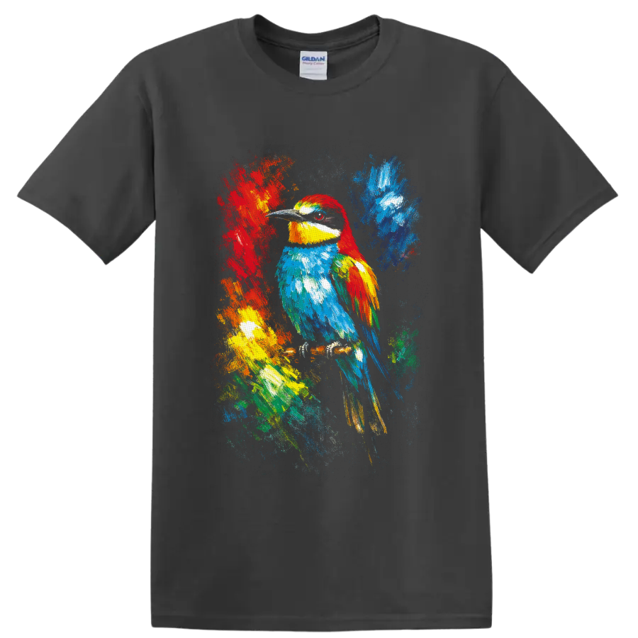 Colorful tropical bird portrait with abstract paint splashes and textured brushstrokes on a Charcoal T Shirt