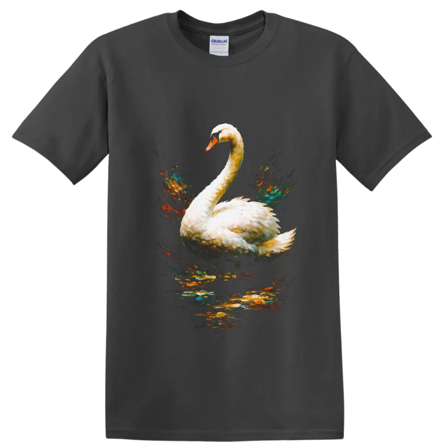Mute swan with colorful watercolor splashes and reflective water on a Charcoal T Shirt