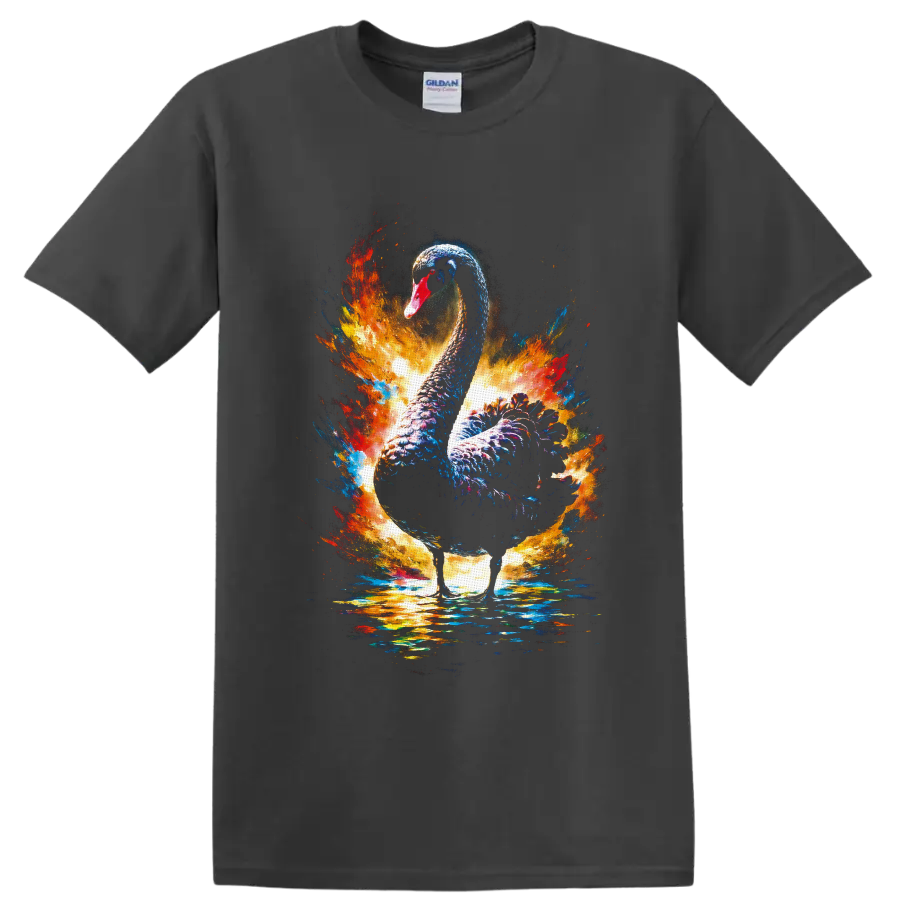 Black swan with vivid blue, orange, and gold paint splashes over reflective water on a Charcoal T Shirt