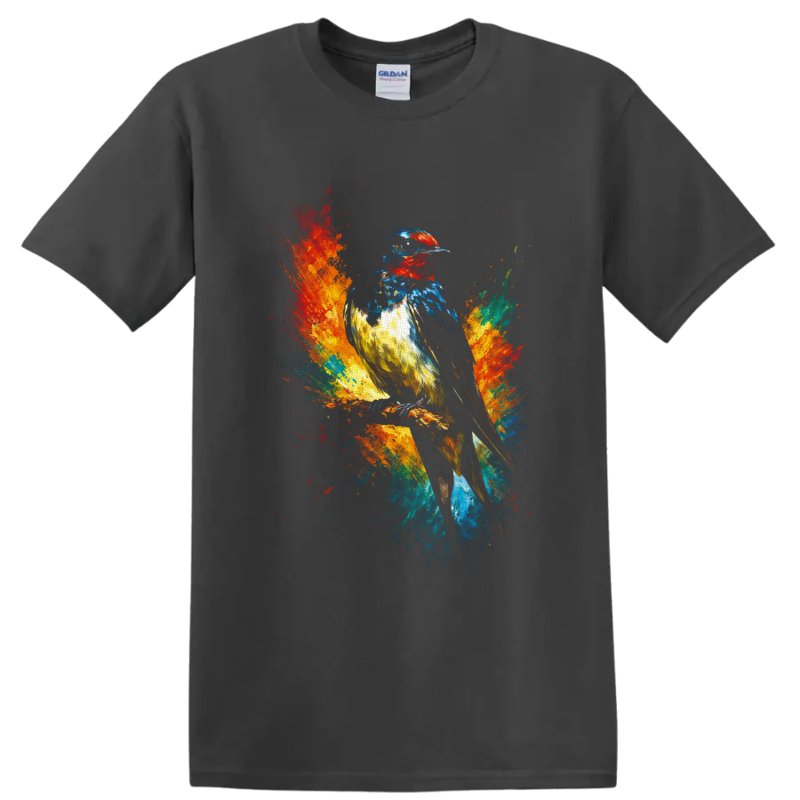 Colorful perched songbird in expressive paint splashes and textured brushstrokes on a Charcoal T Shirt
