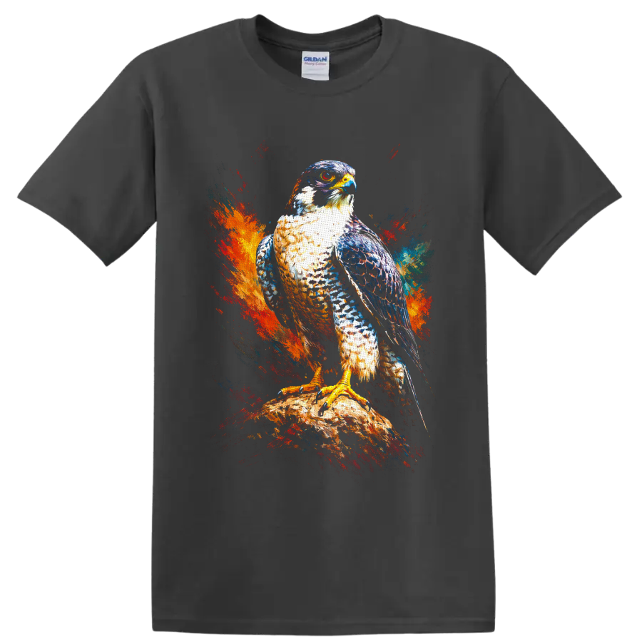 Peregrine falcon perched on a rock with vivid abstract paint splashes on a Charcoal T Shirt