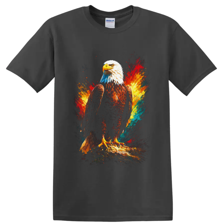 Painterly bald eagle on a branch with vivid red, gold, blue, and teal color splashes on a Charcoal T Shirt