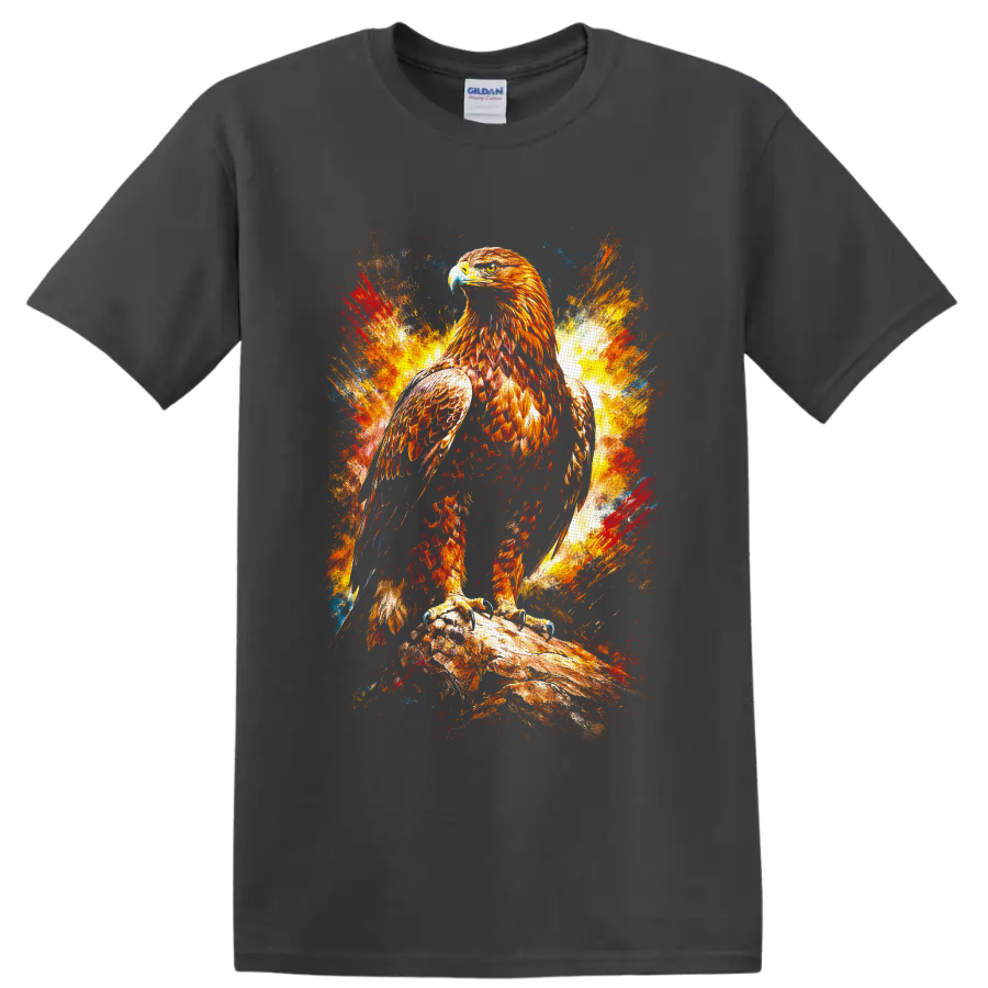 Fiery paint-splash bald eagle perched on a branch wildlife graphic on a Charcoal T Shirt