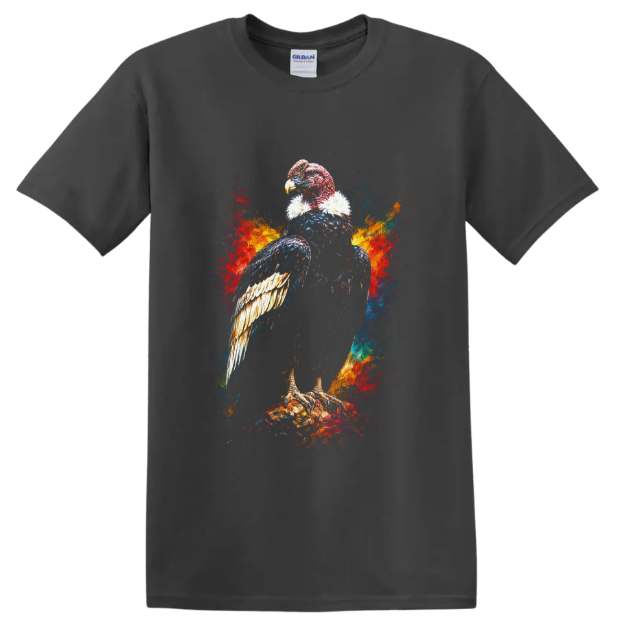 Colorful painterly vulture bird of prey perched amid vivid paint splashes on a Charcoal T Shirt