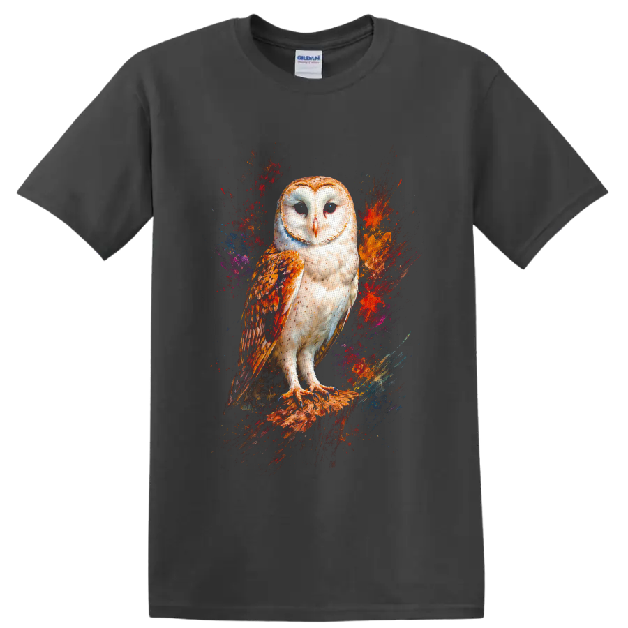 Barn owl perched on a branch with vivid abstract paint splashes on a Charcoal T Shirt
