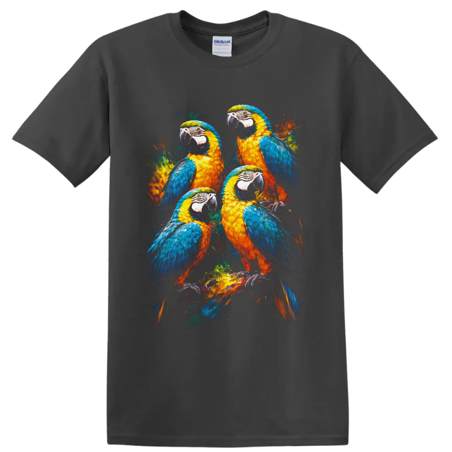 Four blue-and-yellow macaws in a vibrant paint-splash wildlife illustration on a Charcoal T Shirt