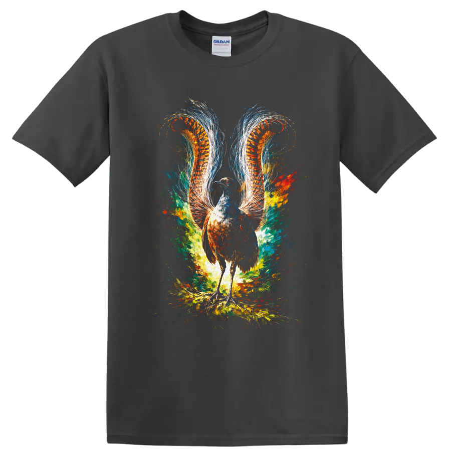 Colorful fantasy pheasant with fiery feather wings and abstract paint splashes on a Charcoal T Shirt