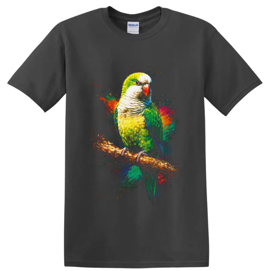 Monk parakeet portrait on branch with vibrant abstract paint splashes on a Charcoal T Shirt