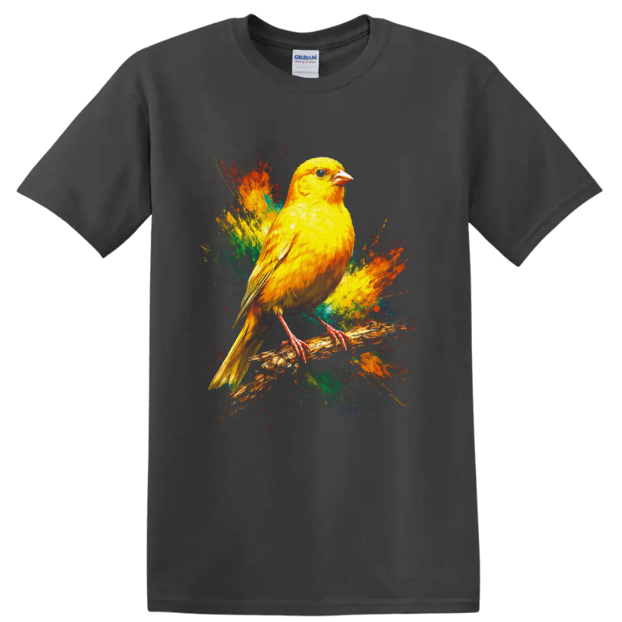 Yellow canary perched on a branch with colorful paint splash art on a Charcoal T Shirt