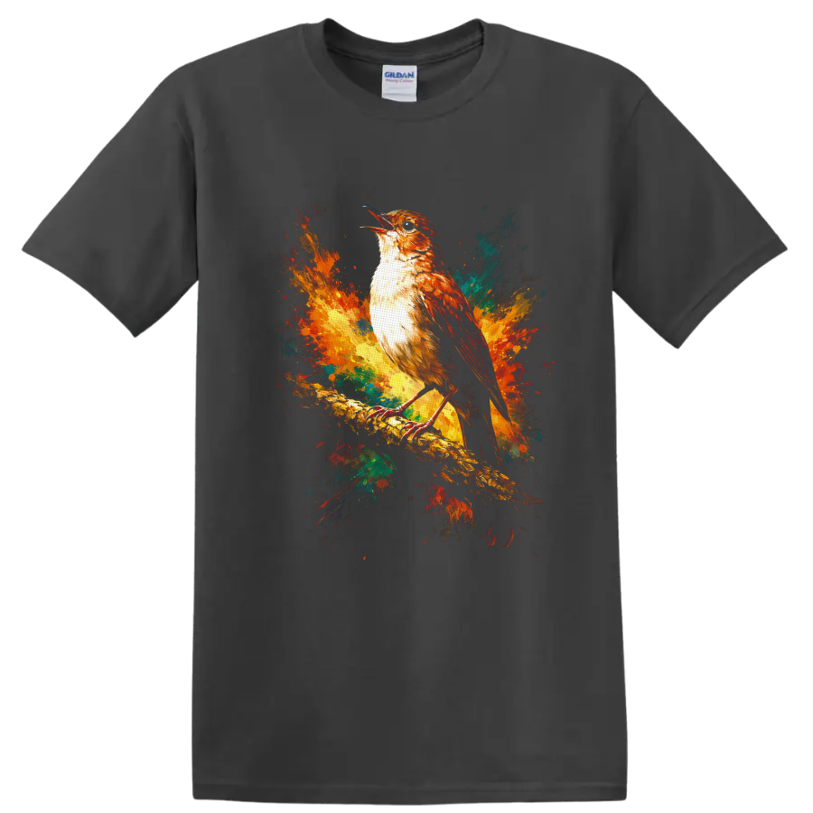 Perched songbird on a branch with colorful watercolor paint splashes on a Charcoal T Shirt