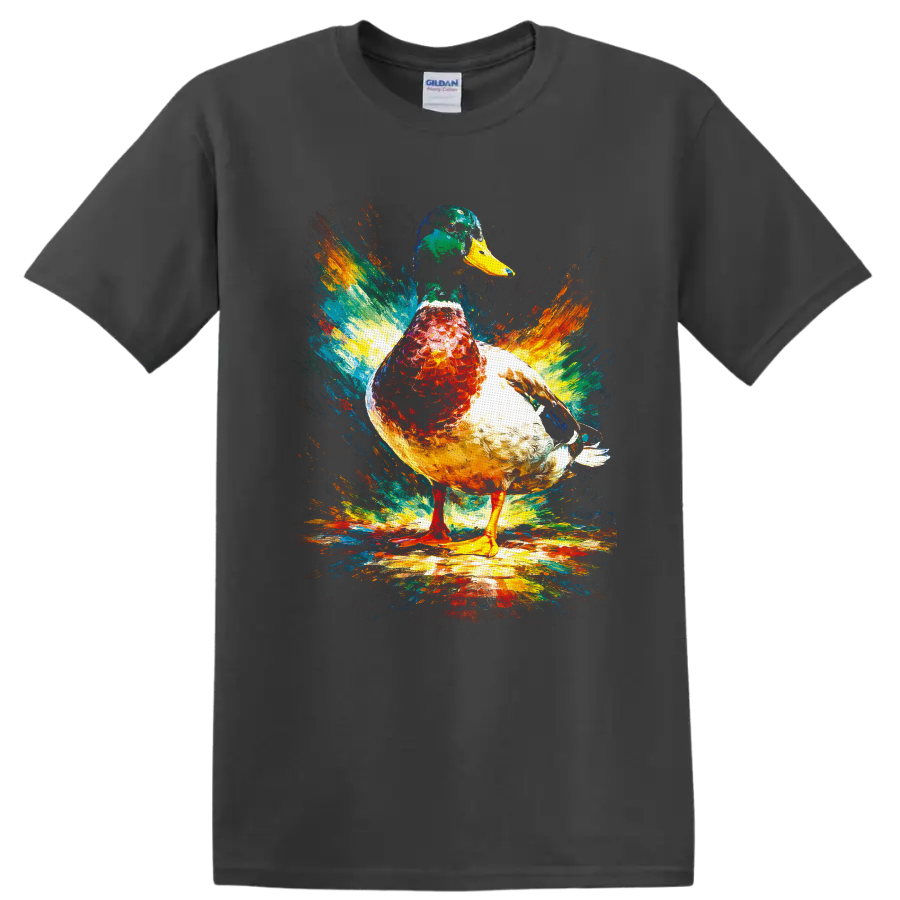 Painterly mallard duck with vibrant abstract color splash brushstrokes on a Charcoal T Shirt