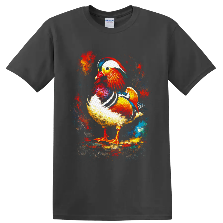 Painterly Mandarin duck with vivid red, gold, teal, and blue abstract splashes on a Charcoal T Shirt