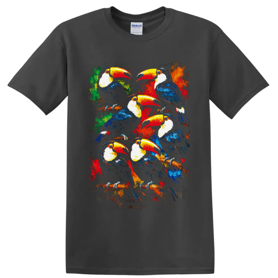 Painterly flock of six toucans on branches with vibrant tropical foliage on a Charcoal T Shirt