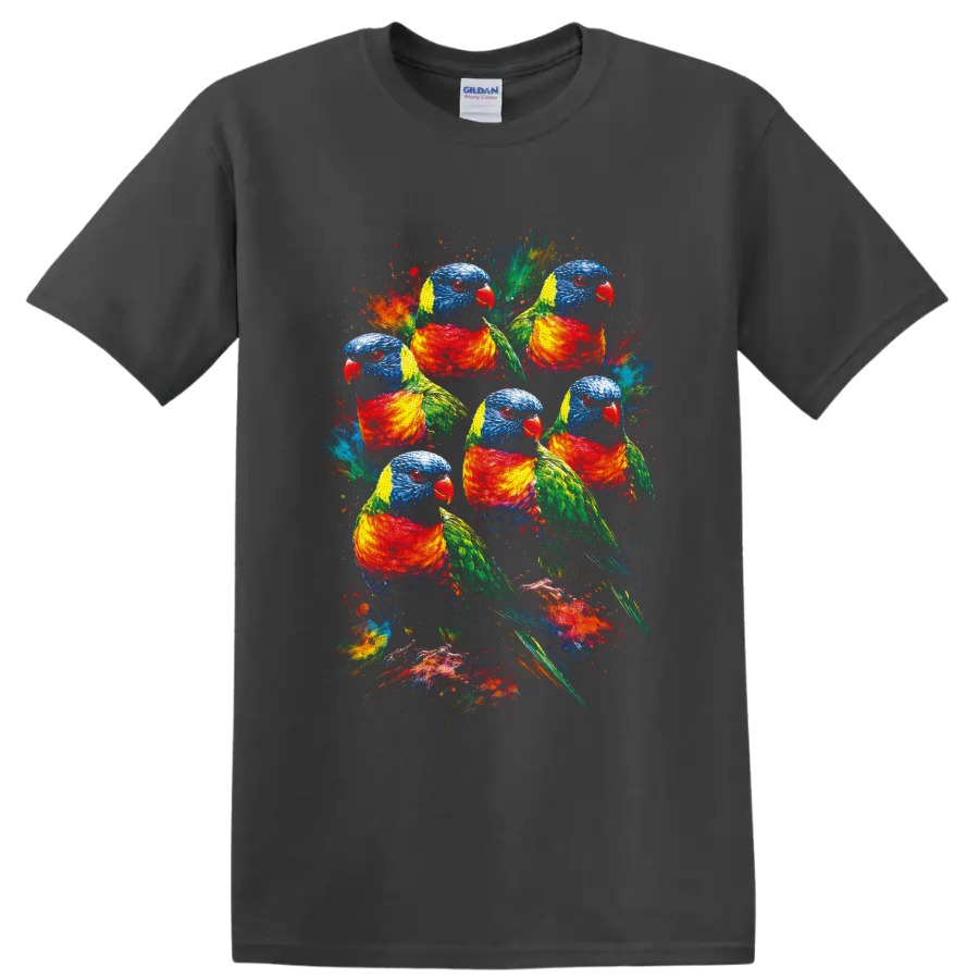 Six rainbow lorikeet parrots in colorful paint-splatter wildlife art on a Charcoal T Shirt