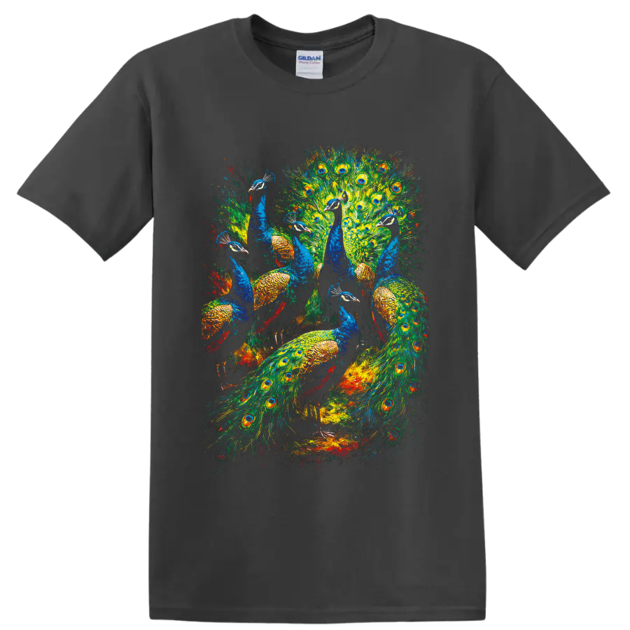 Colorful painterly peacock flock with blue birds and eye-spotted feather fans on a Charcoal T Shirt