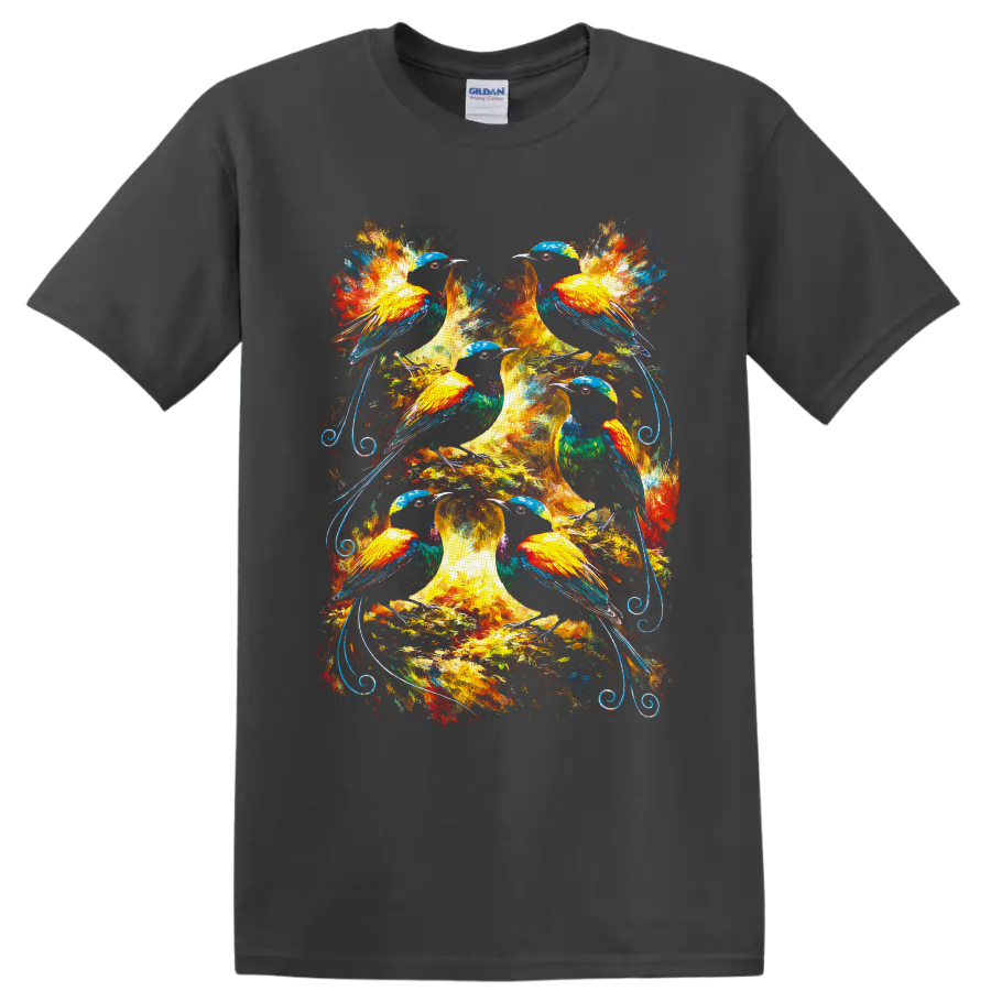 Six colorful birds in a radiant tree with painterly foliage and blue scrollwork on a Charcoal T Shirt