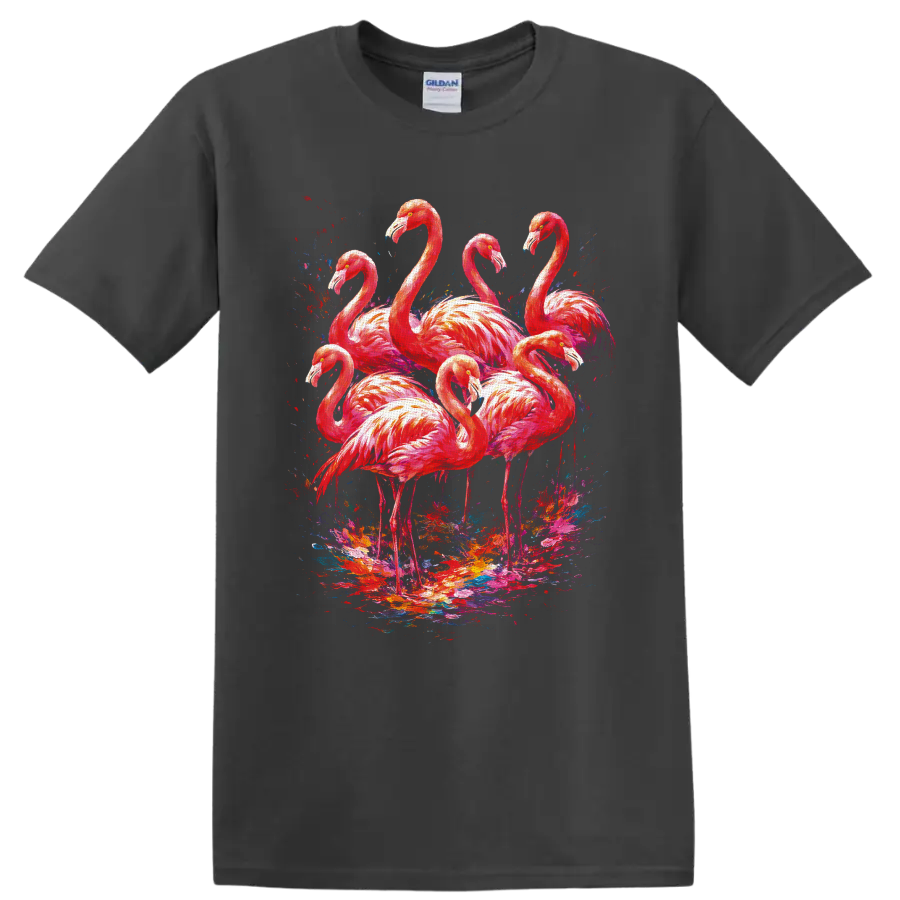 Painterly pink flamingo flock with vivid abstract tropical paint splashes on a Charcoal T Shirt