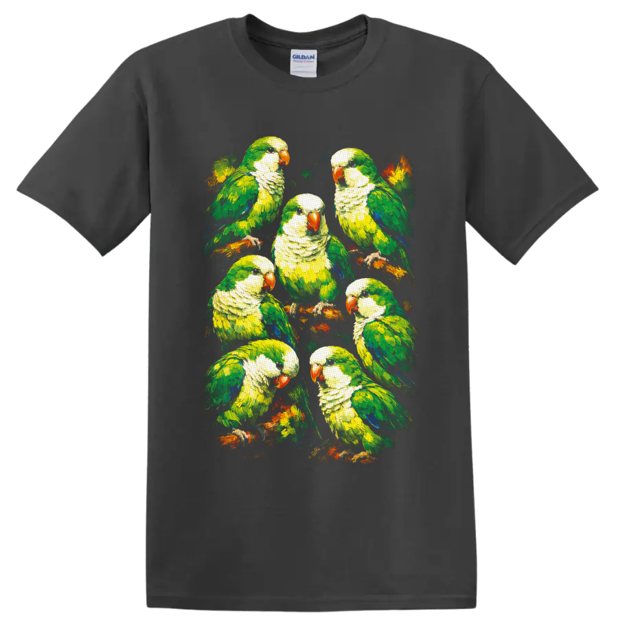 Painterly flock of seven green monk parakeets perched on colorful branches on a Charcoal T Shirt