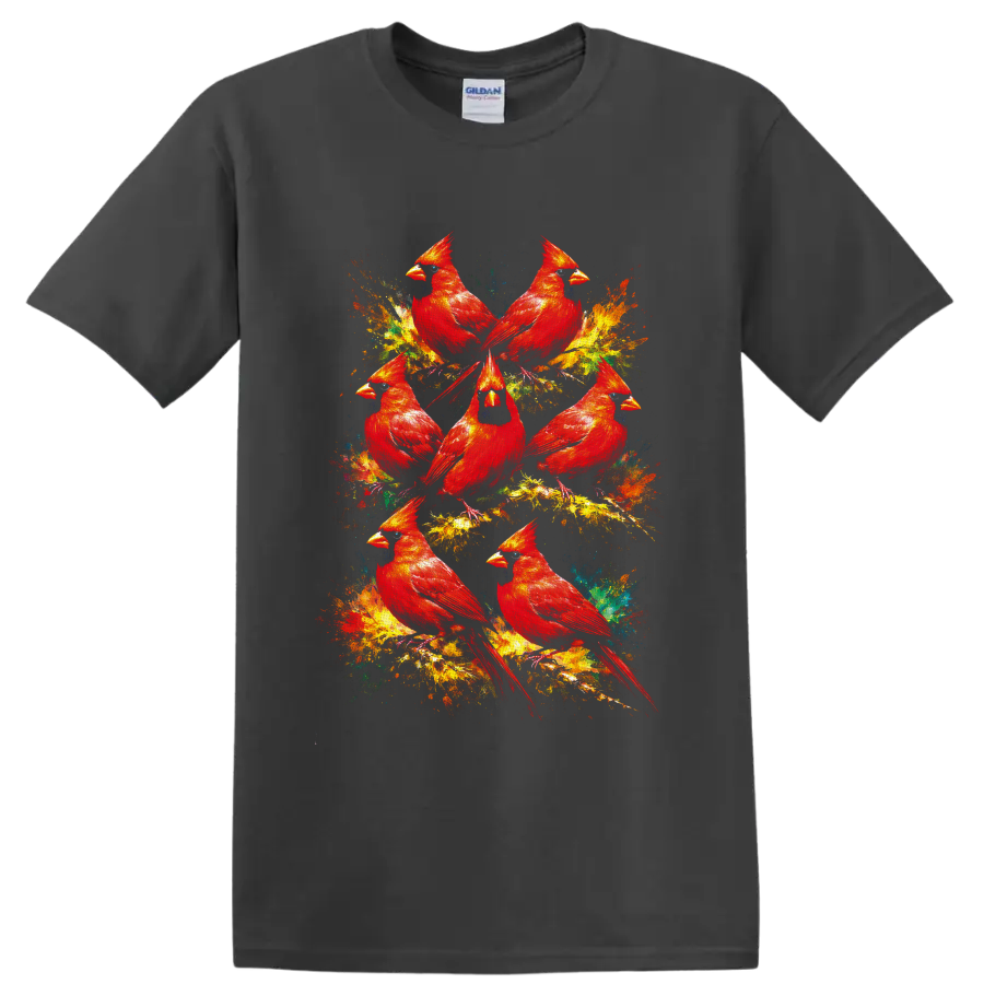 Seven red cardinals in colorful painterly wildlife art with abstract paint splashes on a Charcoal T Shirt