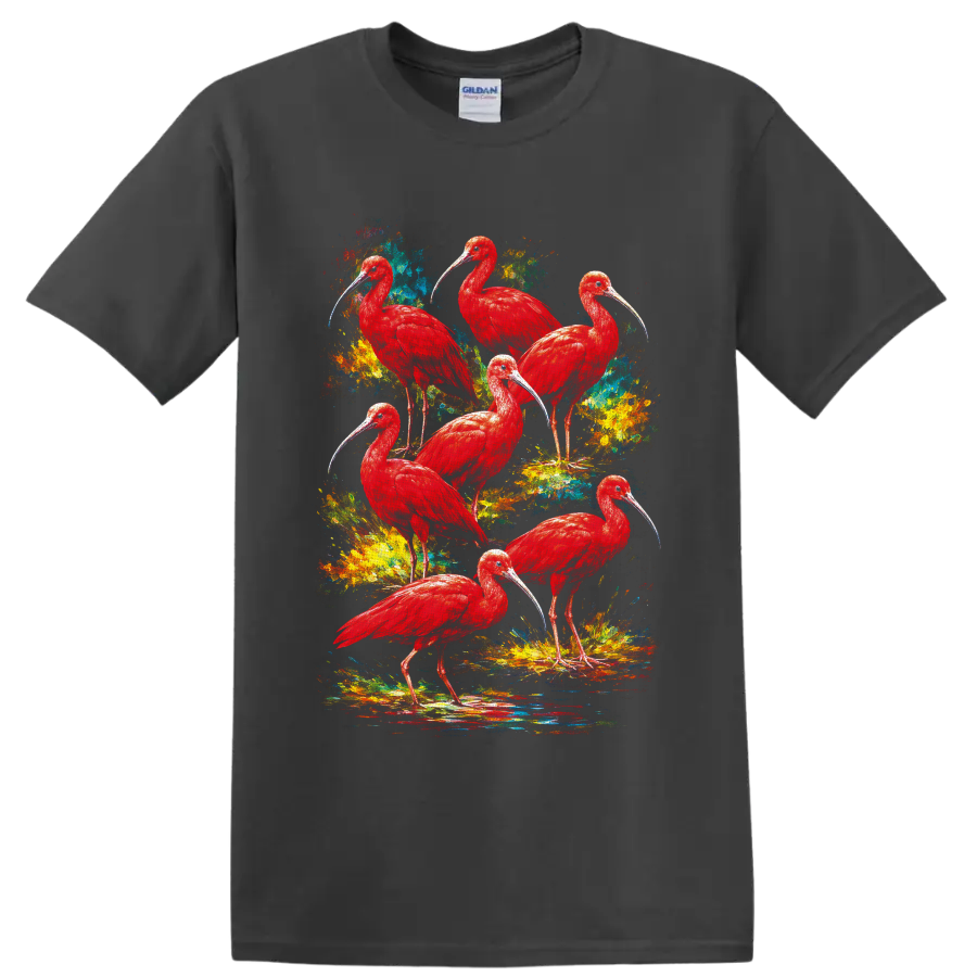 Seven scarlet ibis birds in colorful tropical watercolor splatter art on a Charcoal T Shirt