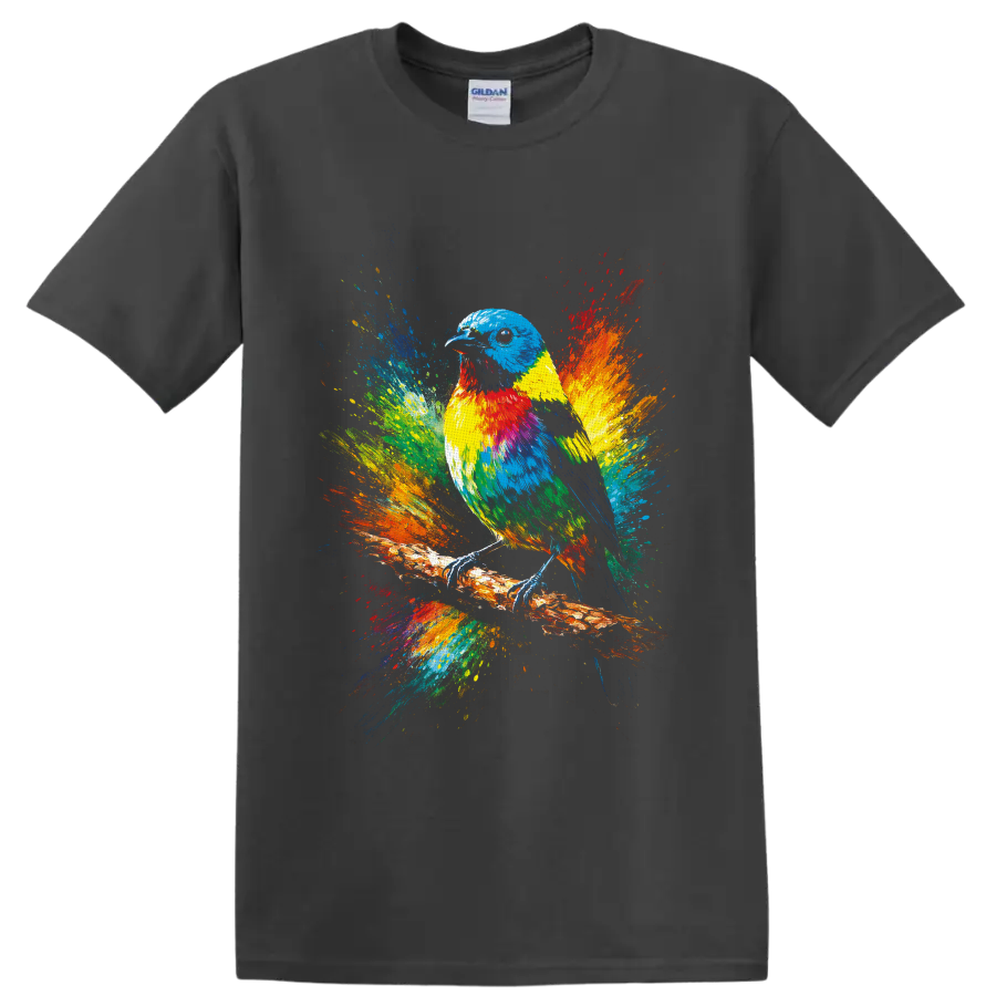 Colorful bird on a branch with vibrant rainbow paint splashes on a Charcoal T Shirt