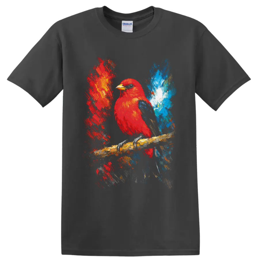 Red cardinal perched on a branch in colorful expressive painterly wildlife art on a Charcoal T Shirt