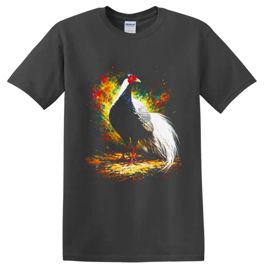 Silver pheasant with long white tail in colorful paint splash wildlife art on a Charcoal T Shirt
