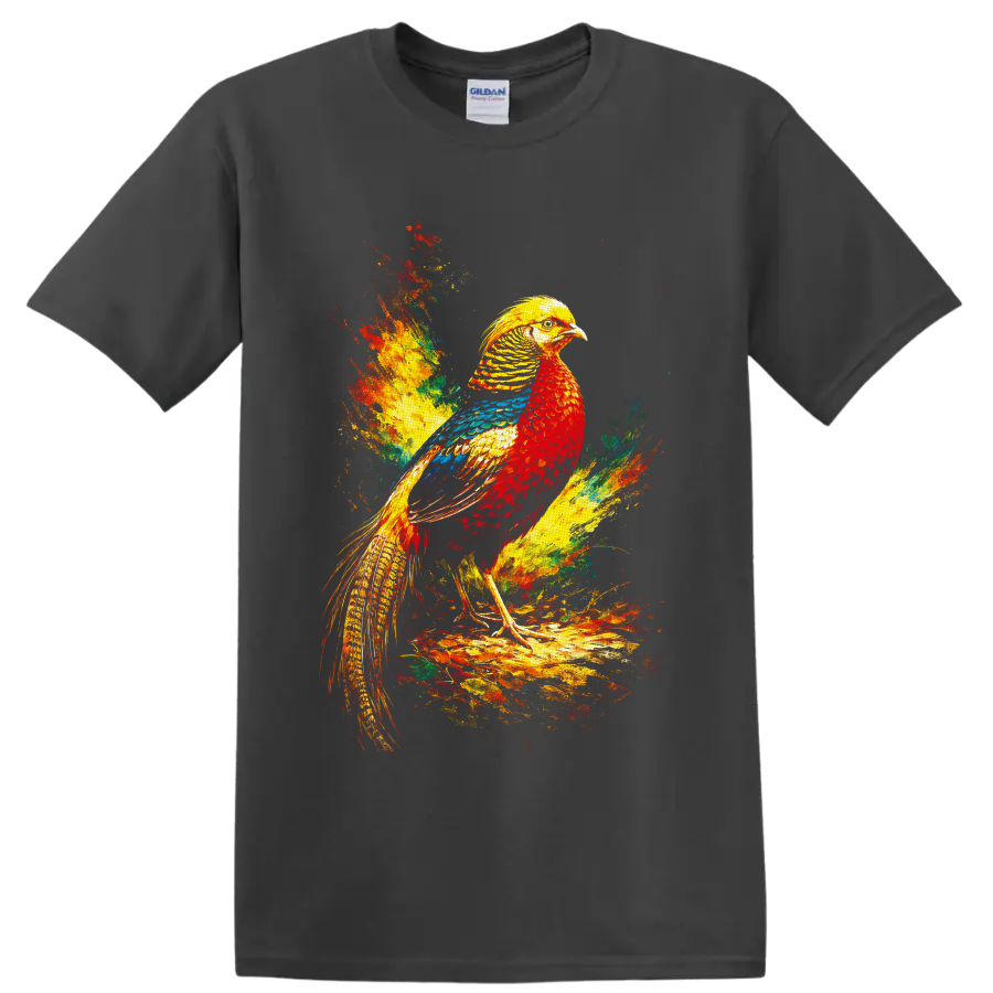 Colorful long-tailed bird in vibrant red, yellow, blue, and green paint splash art on a Charcoal T Shirt