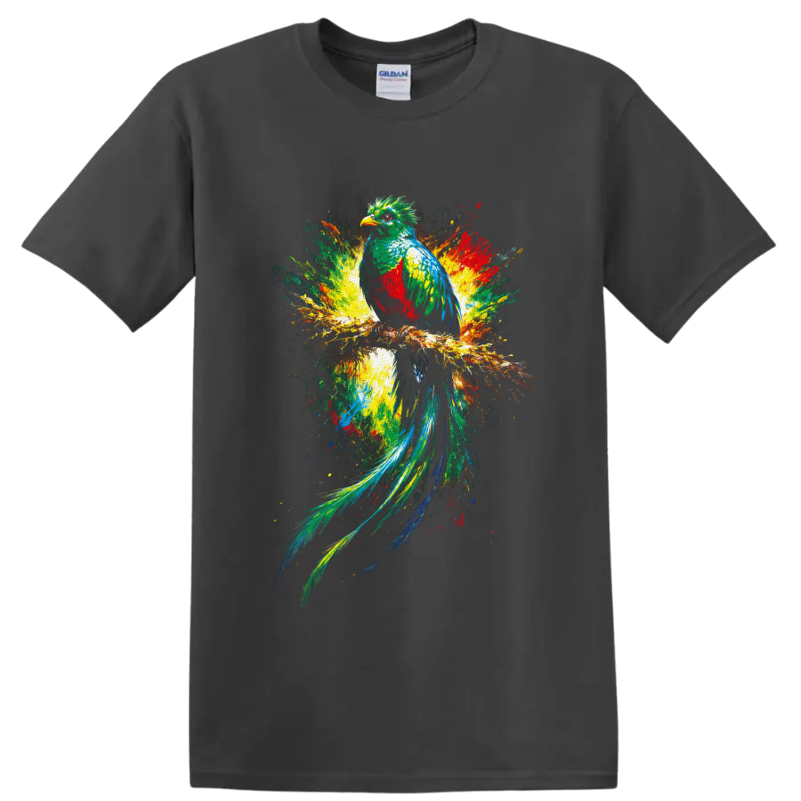Colorful quetzal bird perched on a branch in vibrant tropical splash-art on a Charcoal T Shirt
