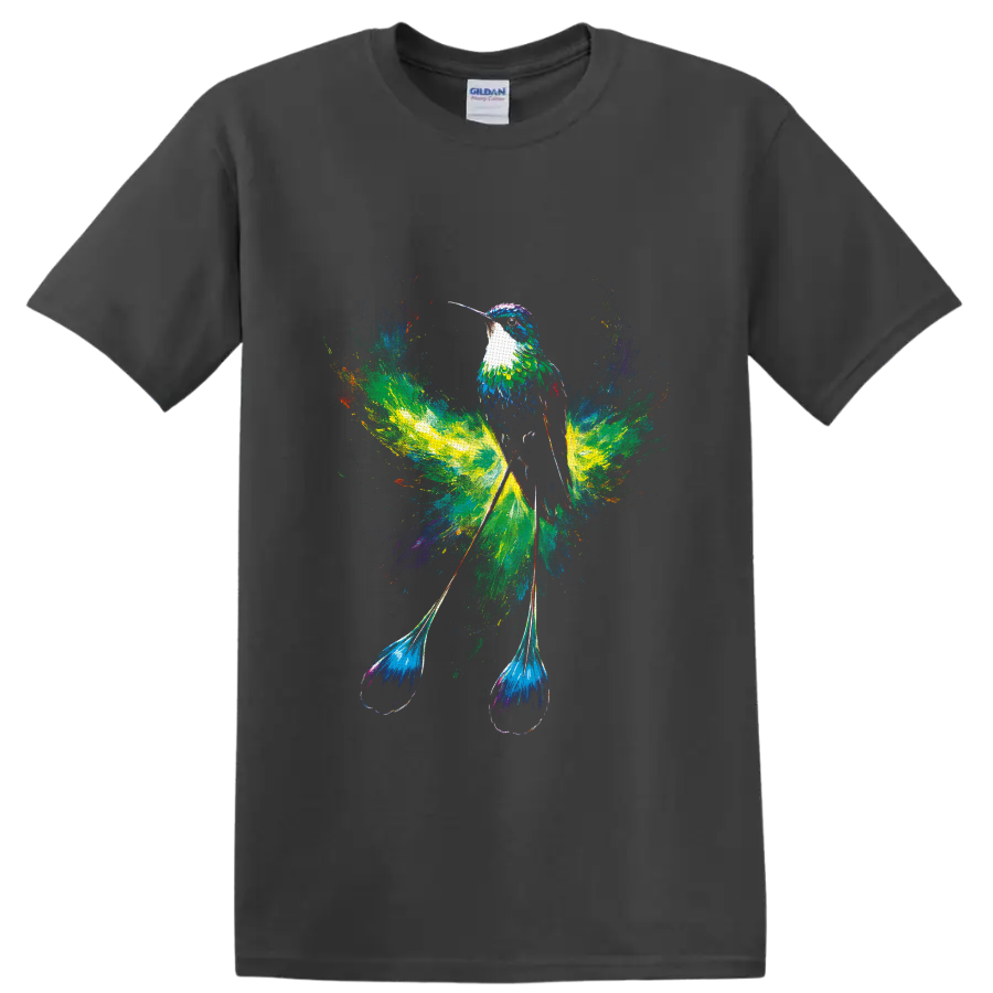 Colorful hummingbird with flowing tail feathers in a vibrant watercolor splash design on a Charcoal T Shirt