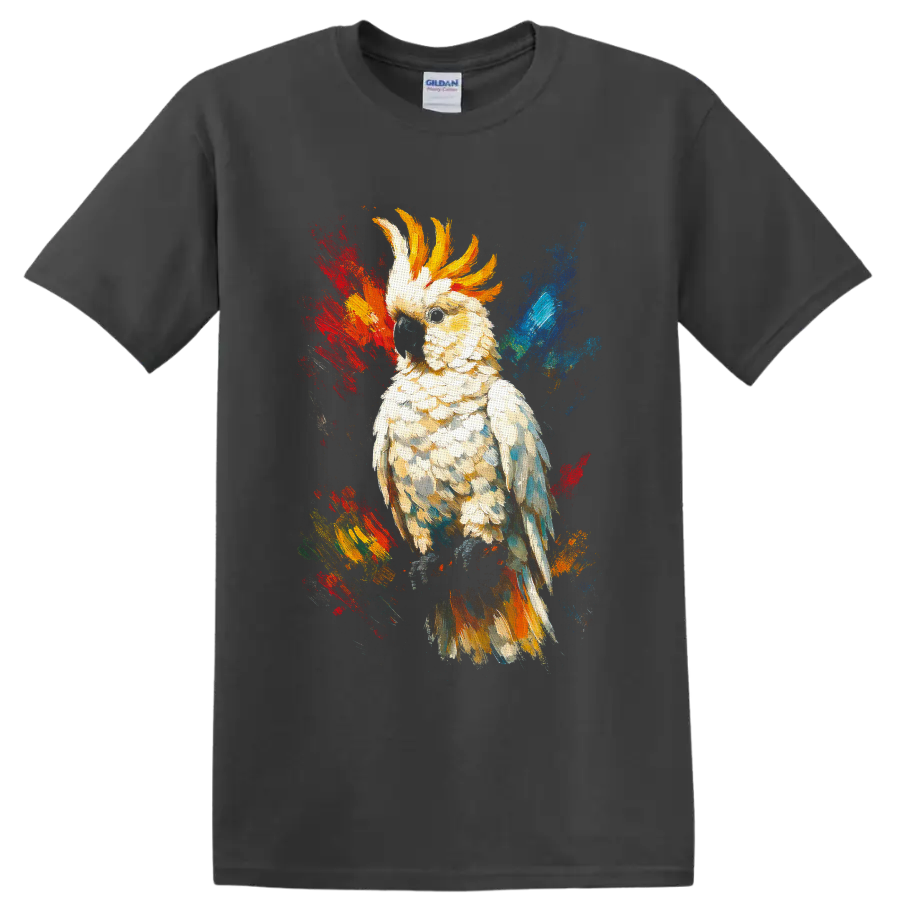 White cockatoo with golden crest in colorful textured watercolor splash art on a Charcoal T Shirt