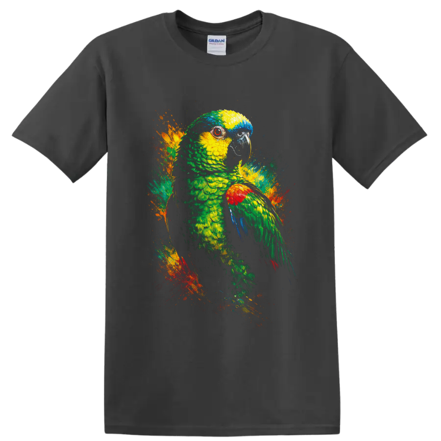 Colorful parrot portrait with tropical paint splashes in a vivid painterly style on a Charcoal T Shirt
