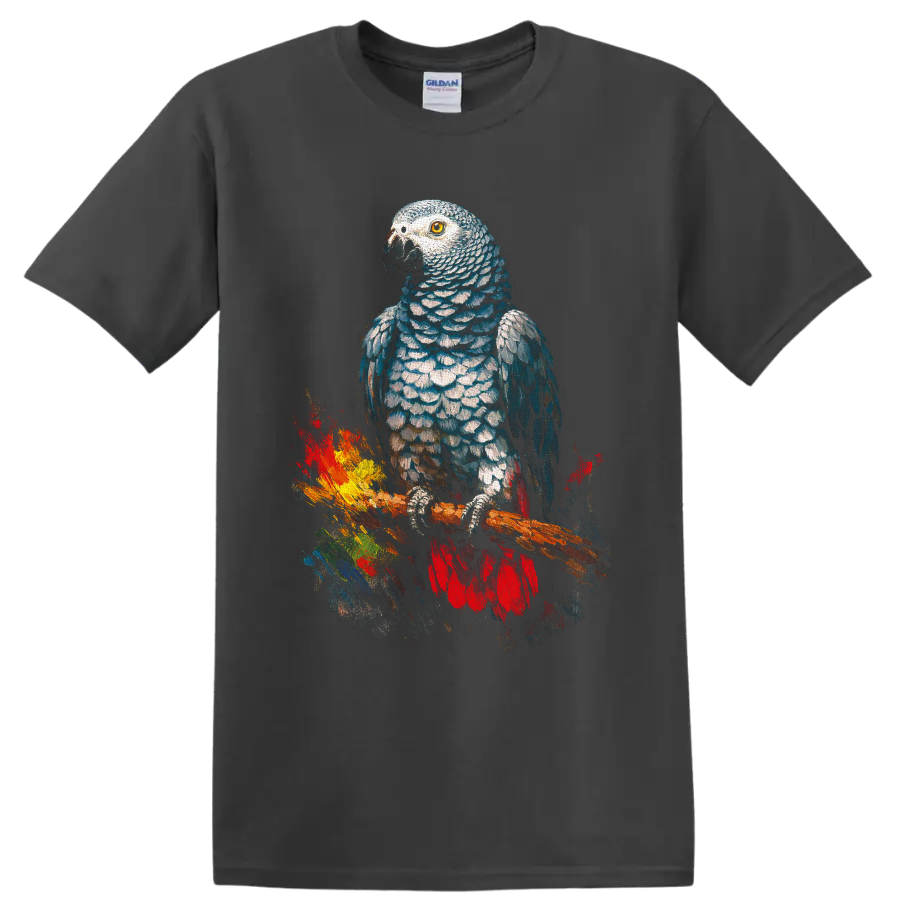 African grey parrot watercolor-style portrait perched on a branch with colorful paint on a Charcoal T Shirt