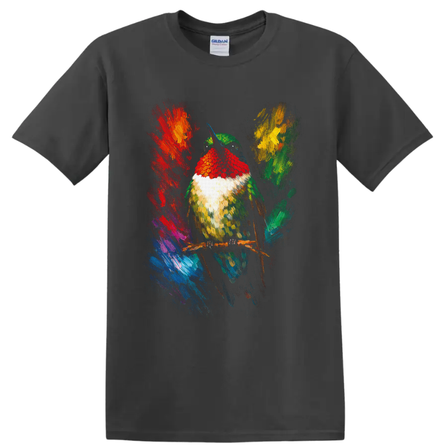 Colorful painterly hummingbird perched on a branch with abstract tropical brushstrokes on a Charcoal T Shirt