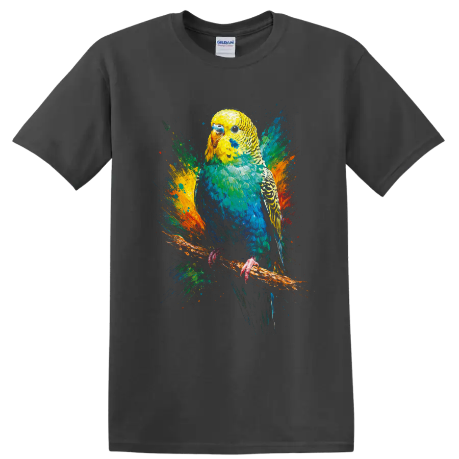 Color splash painting of a yellow and blue budgerigar perched on a branch on a Charcoal T Shirt