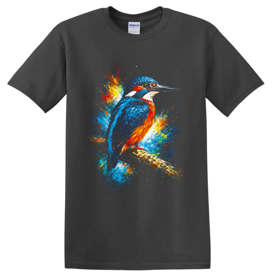 Blue and orange kingfisher perched on a branch in vibrant multicolor splash art on a Charcoal T Shirt