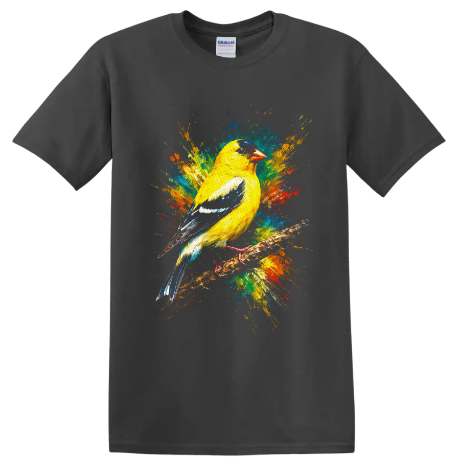 American goldfinch perched on a branch with vibrant abstract paint splashes on a Charcoal T Shirt