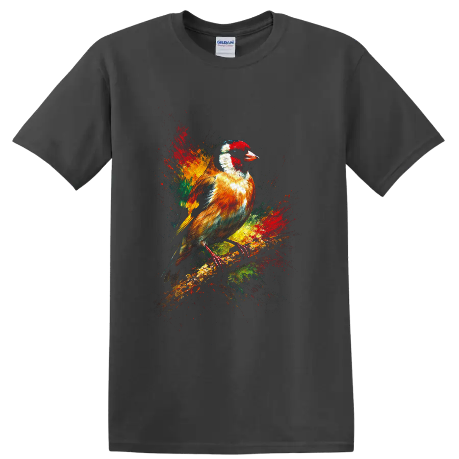 European goldfinch perched on a branch in colorful paint-splash wildlife art on a Charcoal T Shirt