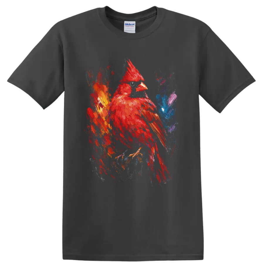 Red cardinal in colorful abstract paint splash wildlife art on a Charcoal T Shirt