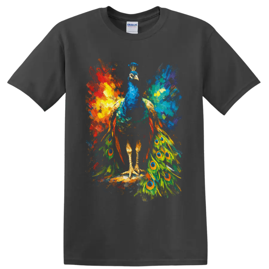 Colorful abstract painterly peacock with blue body and eye-patterned tail feathers on a Charcoal T Shirt