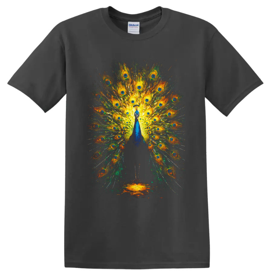 Colorful painterly peacock with a fully spread fan of eye-patterned feathers on a Charcoal T Shirt