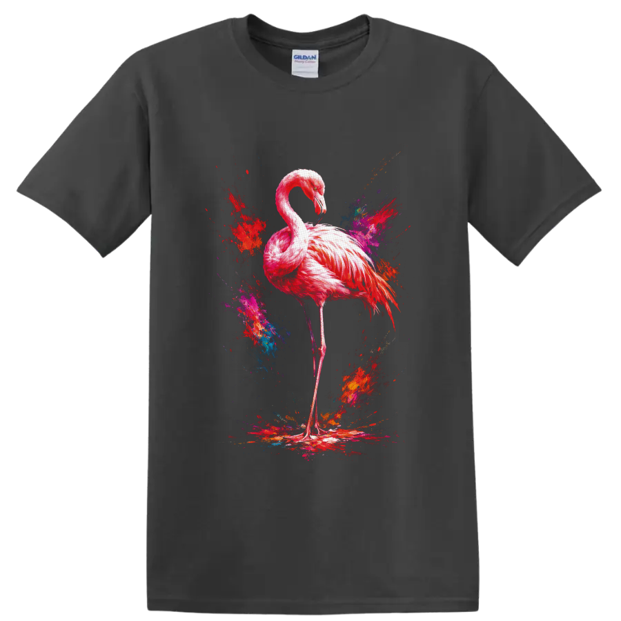 Pink flamingo in vivid abstract paint-splash art on a Charcoal T Shirt