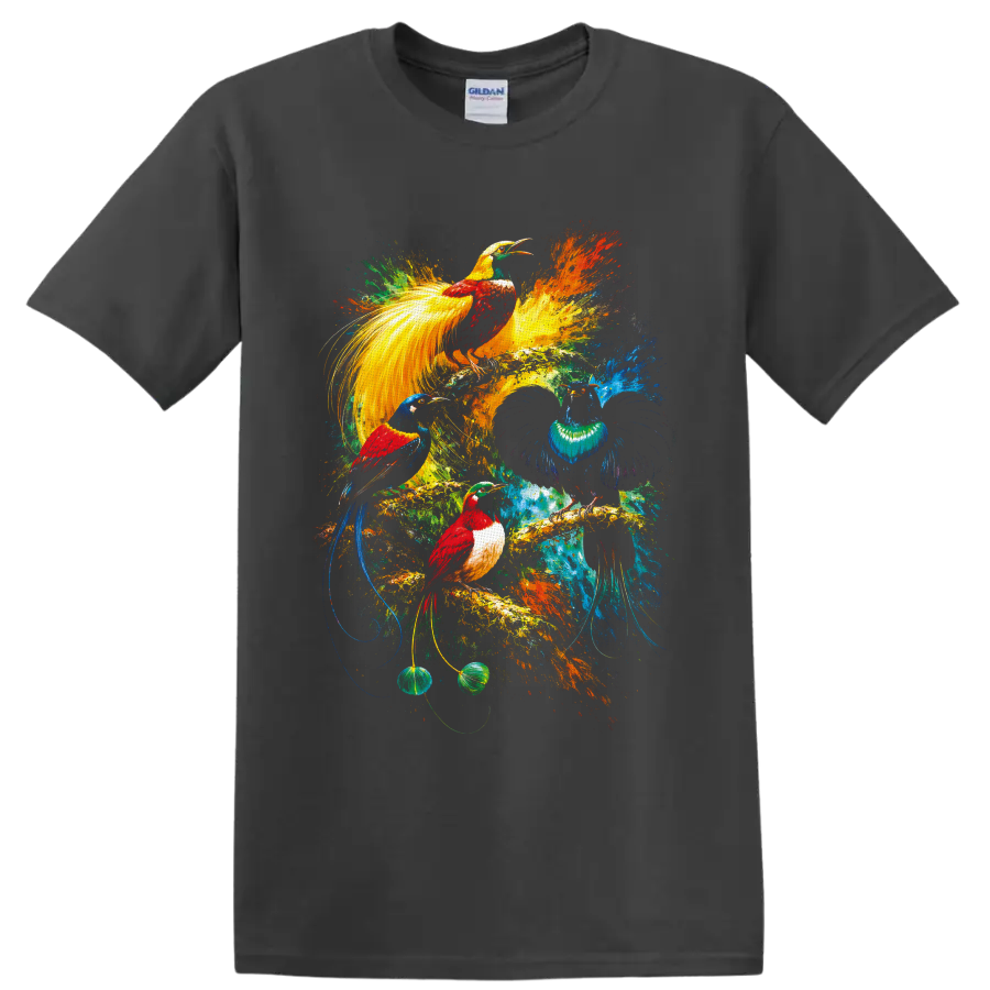 Colorful painterly tropical birds with long tails amid vibrant rainforest splashes on a Charcoal T Shirt