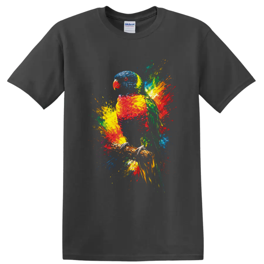 Rainbow lorikeet perched on a branch in vibrant multicolor paint-splash art on a Charcoal T Shirt