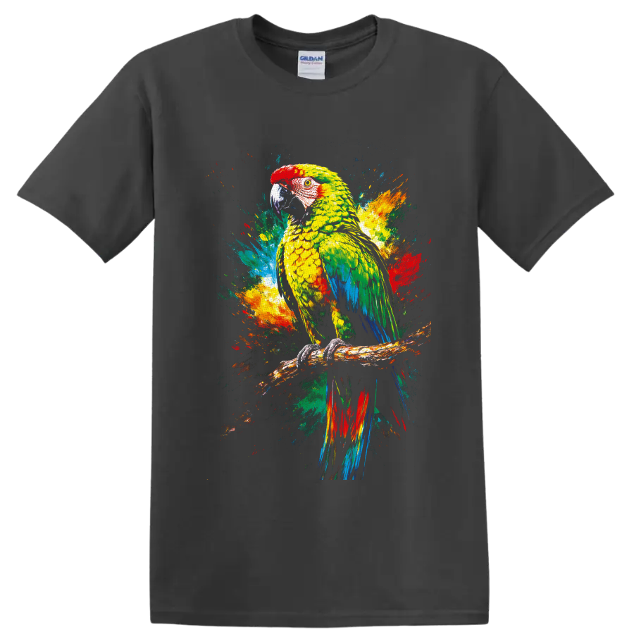 Colorful parrot wildlife art with tropical paint splashes on a branch on a Charcoal T Shirt